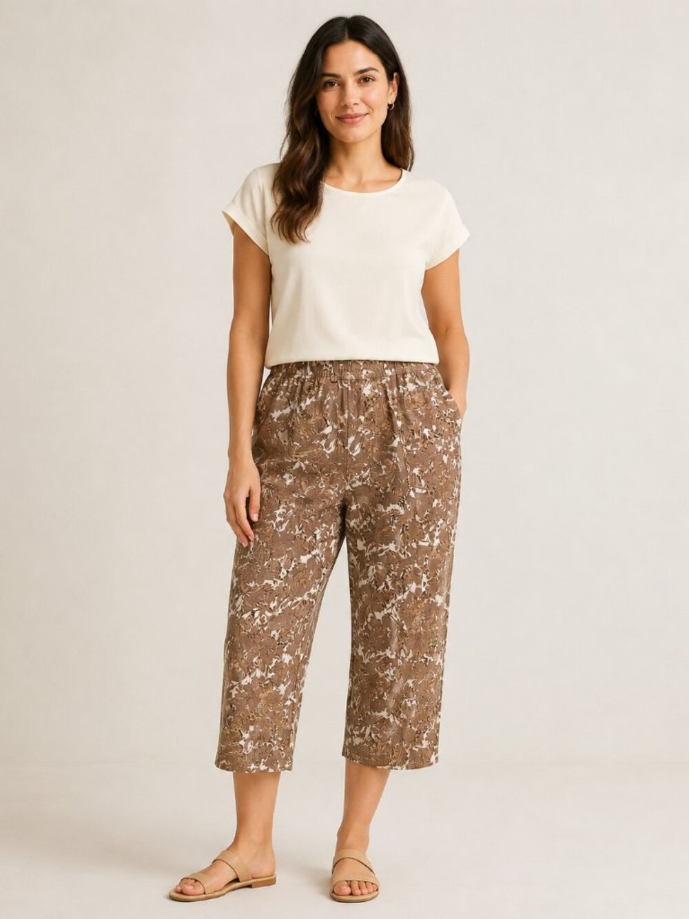 J.Jill Love Linen XL 100% Linen Floral Cropped Pants Brown Beige Boho Descripti